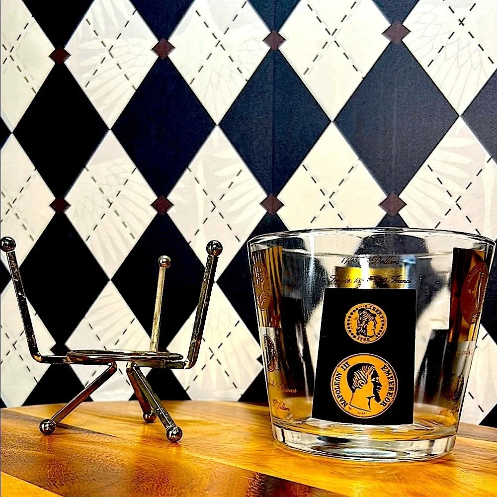 Vintage‎ MCM Cera Glass Ice Bucket with Stand– Gold/Black Coin Design